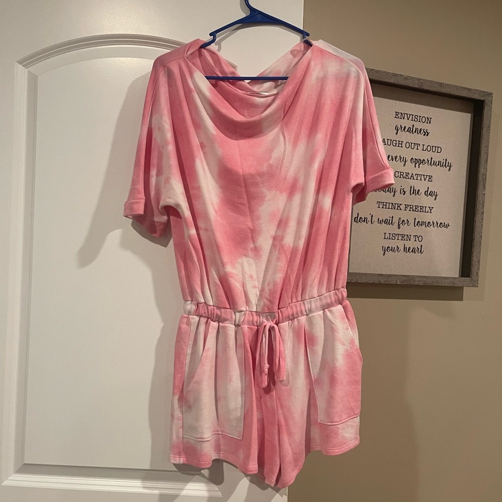 Pink and white off the shoulder romper size small
